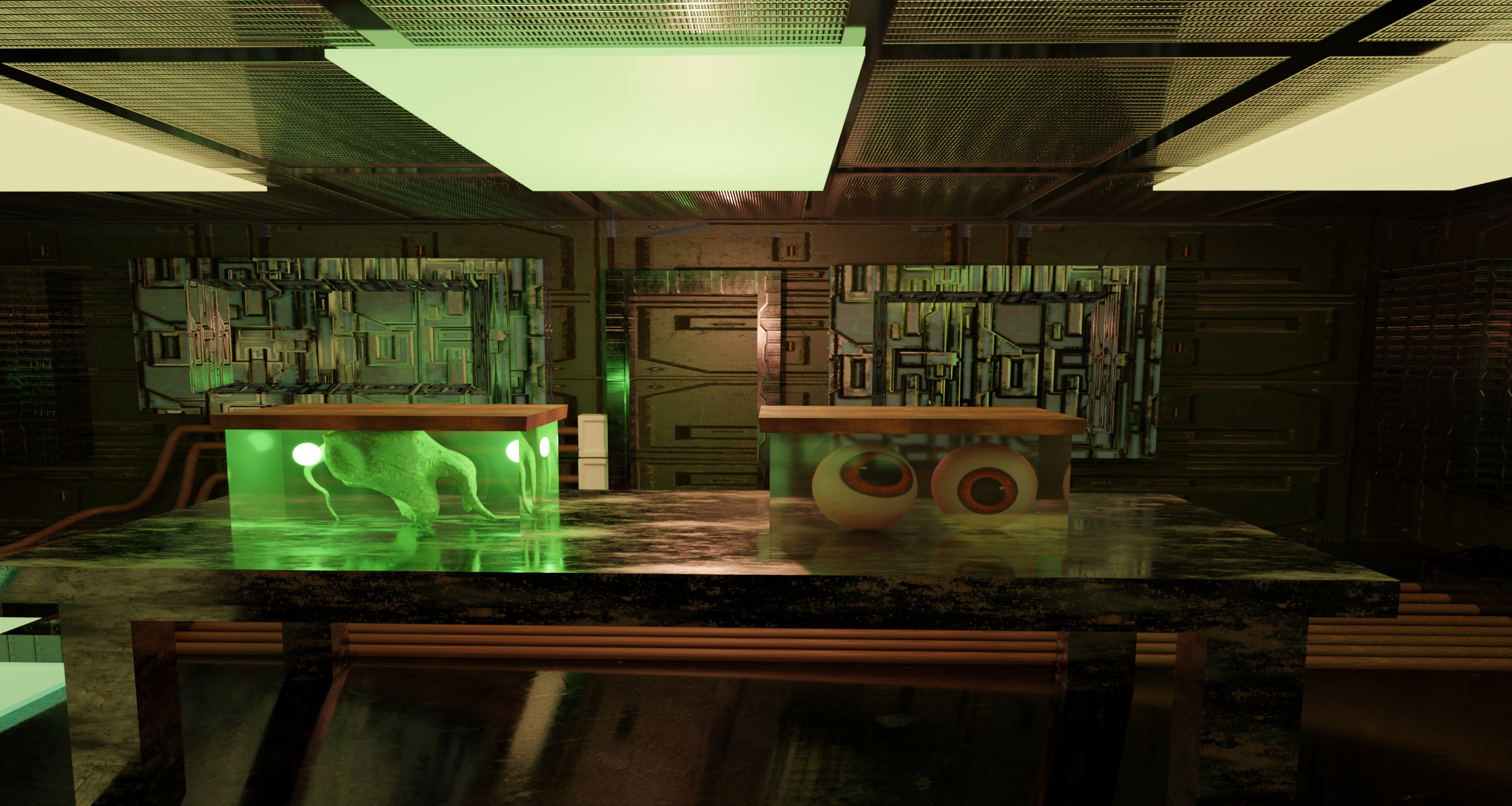 Retroville — dark lab with two glowing green specimen tanks under industrial mesh ceiling